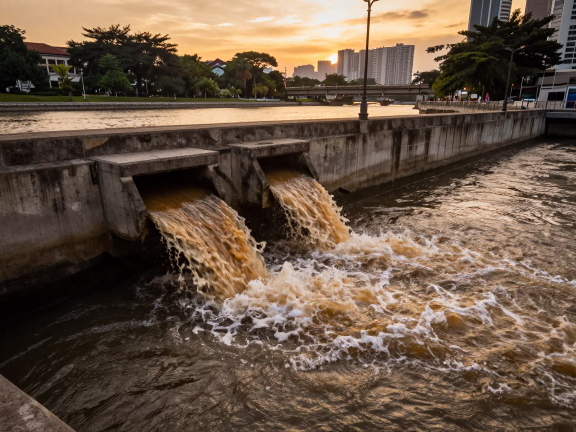 Kuala Lumpur Honeyed Evening Light Storm Drain Outfall Pouring Into Swollen River in in Kuala Lumpur, Malaysia