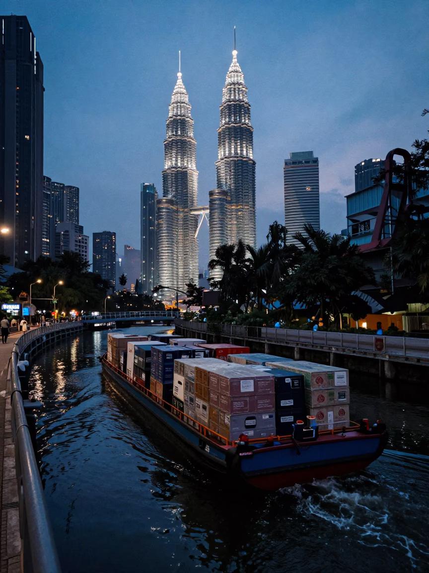 Kuala Lumpur Indigo Twilight Canal Barge Cargo Transport and Urban Street Life in in Kuala Lumpur, Malaysia