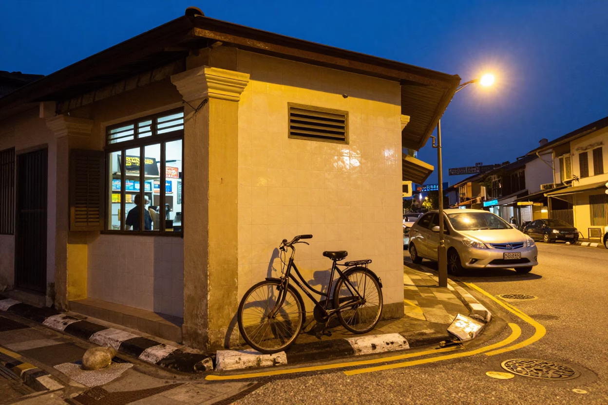 Kuala Lumpur indigo twilight street scene with bicycle and local food vendor in in Kuala Lumpur, Malaysia