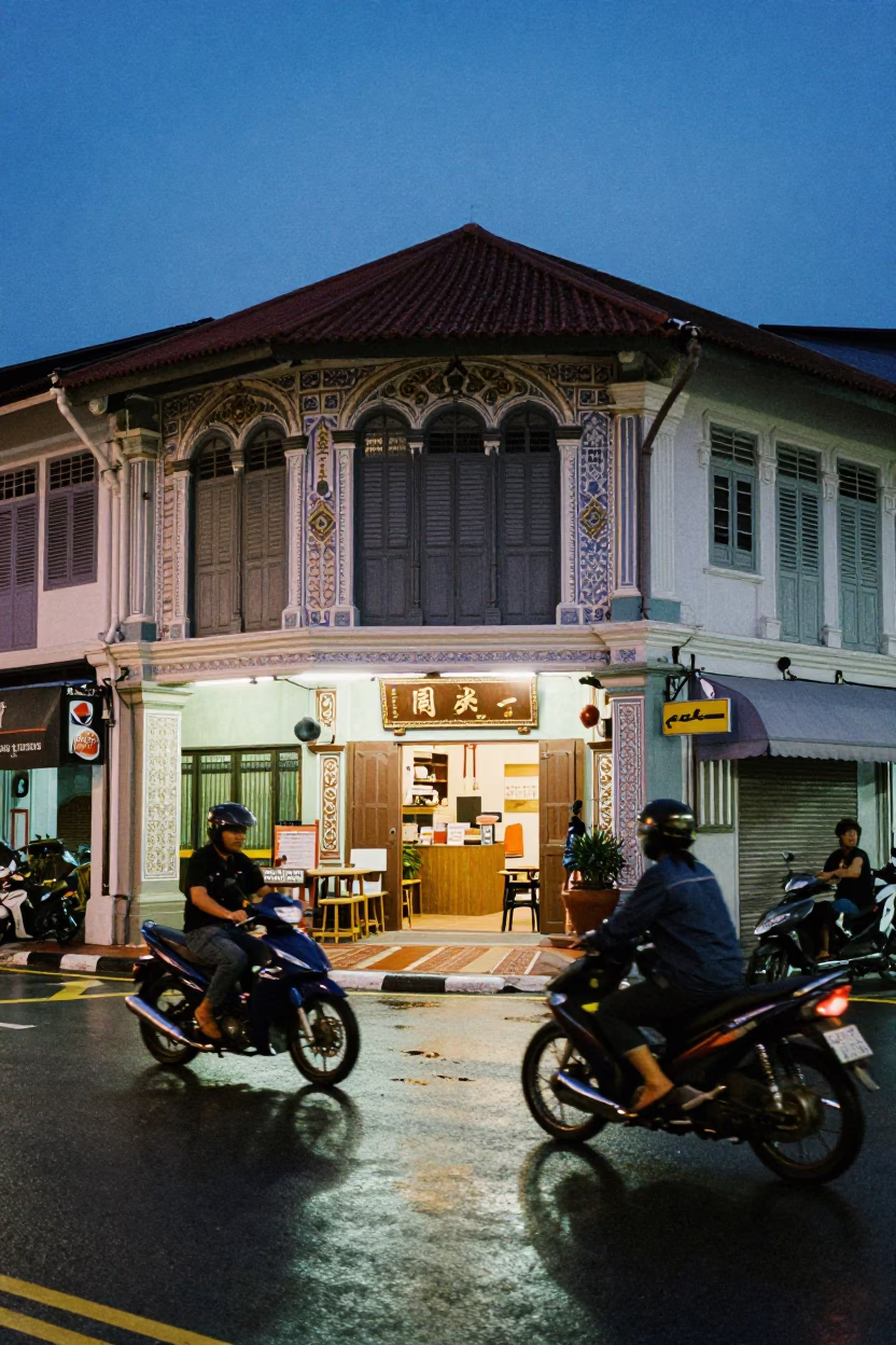 Kuala Lumpur indigo twilight street scene with motorcyclist and shopfront details in in Kuala Lumpur, Malaysia
