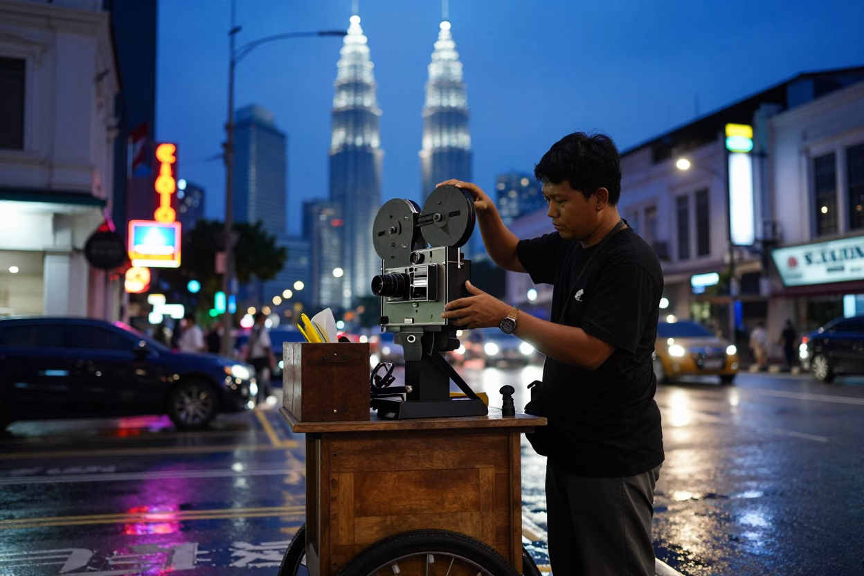 Kuala Lumpur Indigo Twilight Street Scene with Vintage Camera and Local Market Details in in Kuala Lumpur, Malaysia
