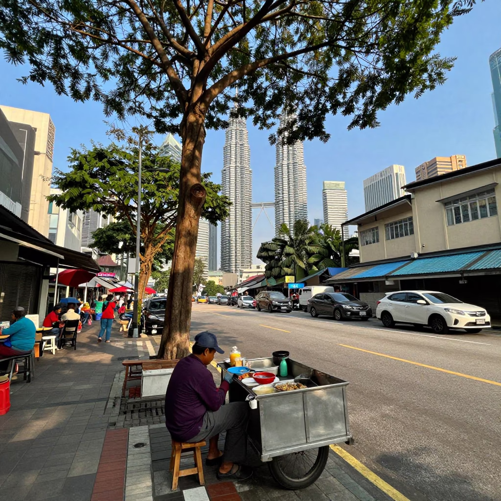 Kuala Lumpur Late Afternoon Street Scene with Kapok Tree and Local Vendor in in Kuala Lumpur, Malaysia