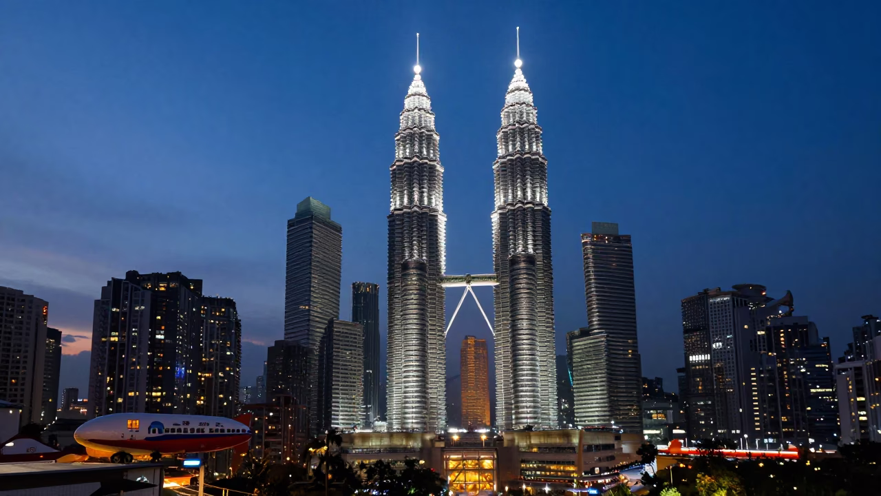 Kuala Lumpur Malaysia Blue Hour Skyline with Zeppelin Airship and Street Scene in in Kuala Lumpur, Malaysia