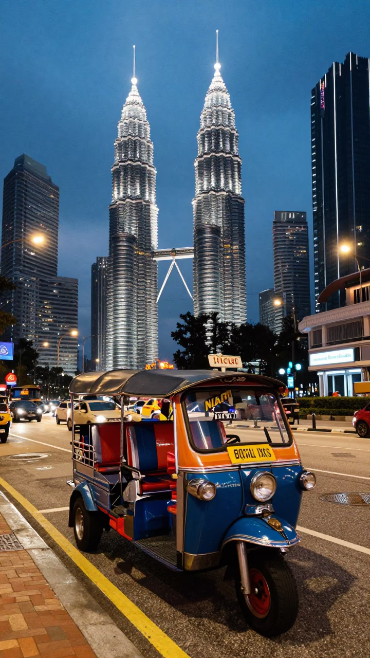 Kuala Lumpur Malaysia Blue Hour Street Scene with Tuk-Tuk and Urban Life in in Kuala Lumpur, Malaysia