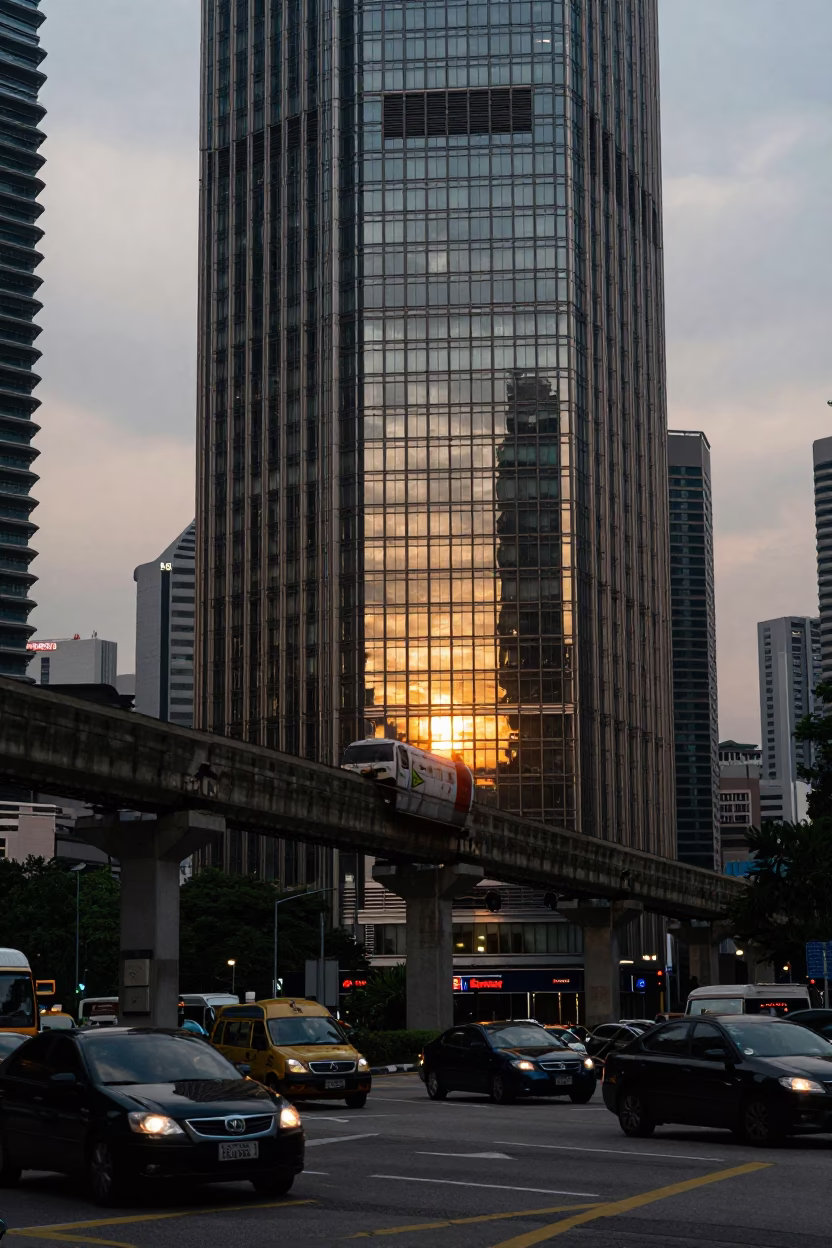 Kuala Lumpur Malaysia Dusk Street Scene with Monorail Reflection and Local Life in in Kuala Lumpur, Malaysia