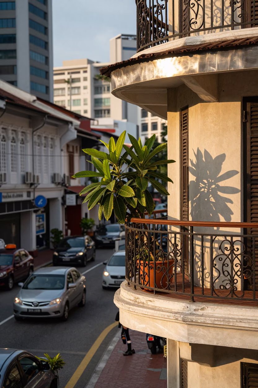 Kuala Lumpur Malaysia Evening Street Scene with Houseplant and Brushed Steel Latch in in Kuala Lumpur, Malaysia