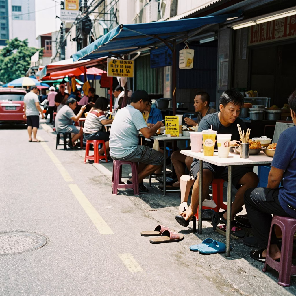 Kuala Lumpur Malaysia midday street scene with local food and casual footwear in in Kuala Lumpur, Malaysia