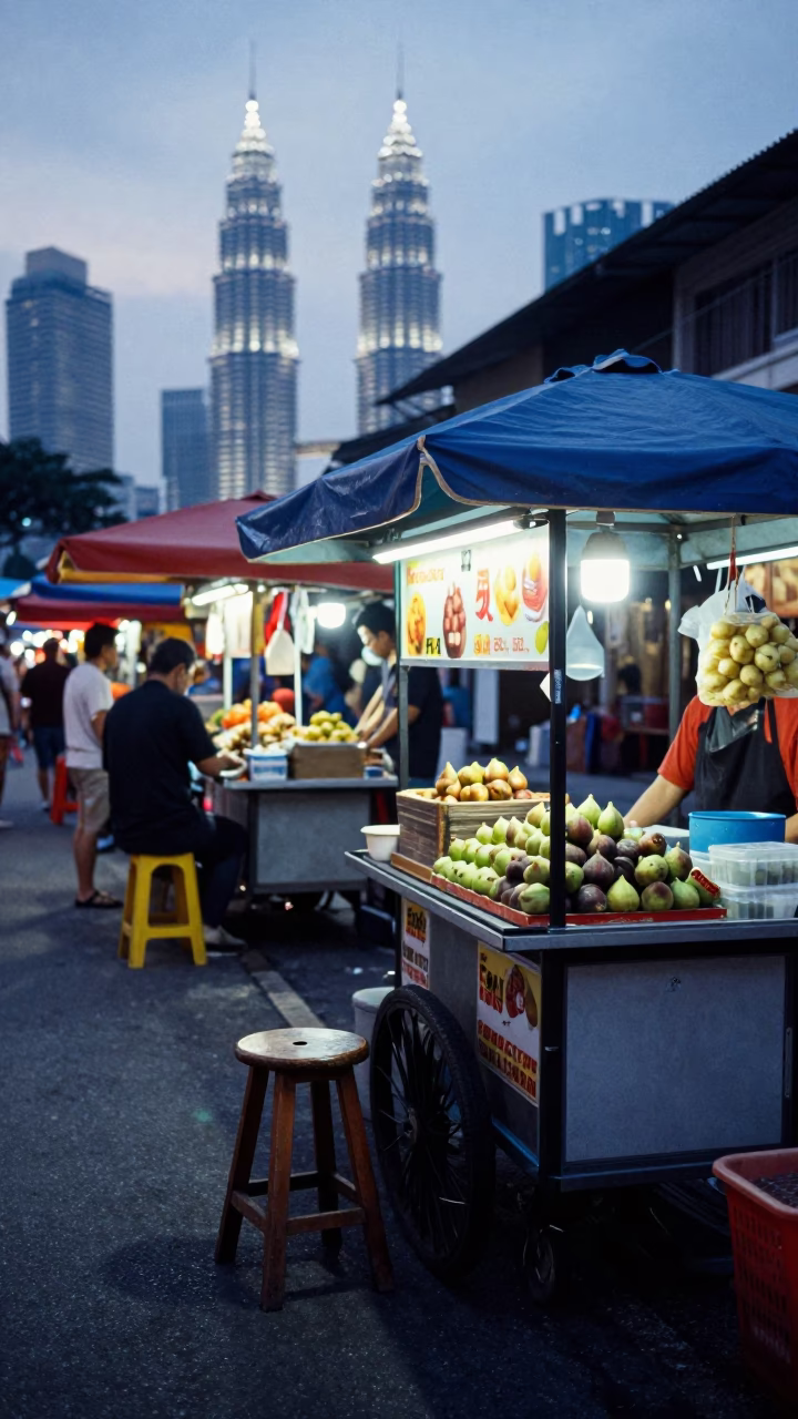 Kuala Lumpur Malaysia Pre-Dawn Street Market Scene with Stool and Fig Tree in in Kuala Lumpur, Malaysia