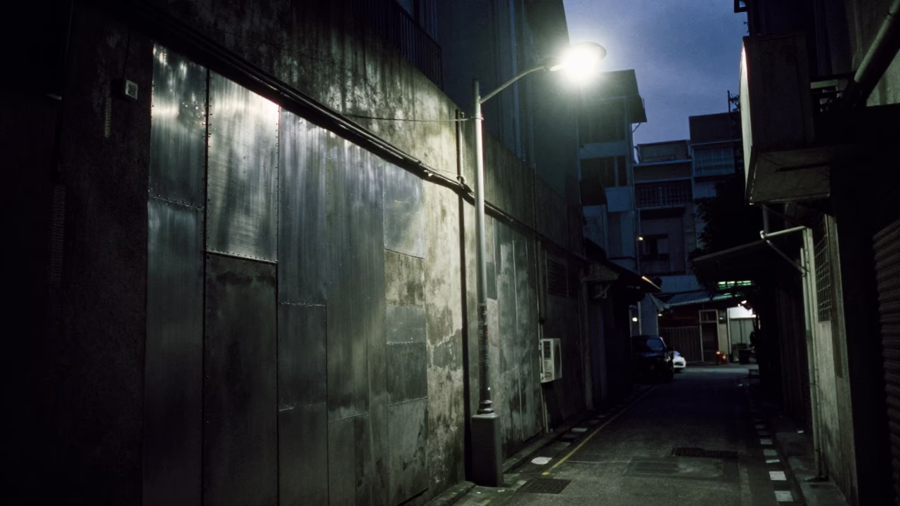 Kuala Lumpur Malaysia Predawn Street Scene with Brushed Steel Wall and Motorcycle in in Kuala Lumpur, Malaysia