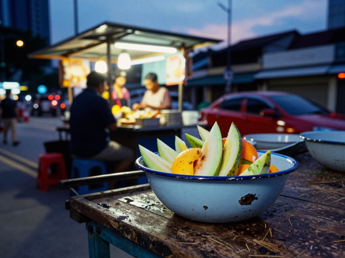 Kuala Lumpur Malaysia Twilight Street Scene with Chipped Blue Enamel Bowl and Stovetop Kettle in in Kuala Lumpur, Malaysia