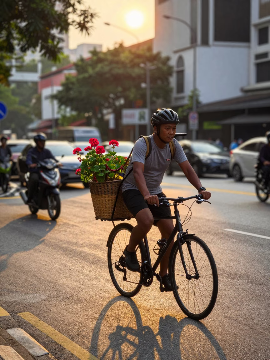 Kuala Lumpur Malaysian Cyclist at Golden Hour in in Kuala Lumpur, Malaysia