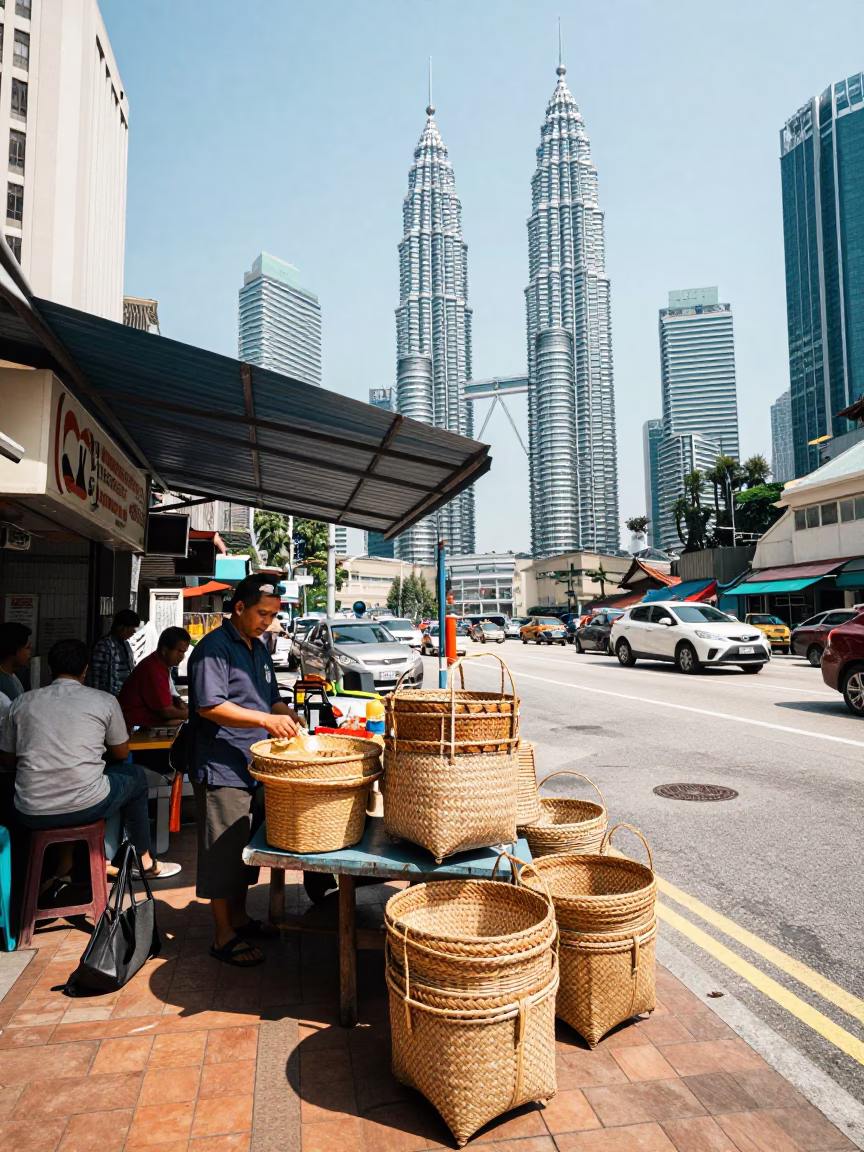 Kuala Lumpur Midmorning Street Scene with Woven Baskets and Local Market Activity in in Kuala Lumpur, Malaysia