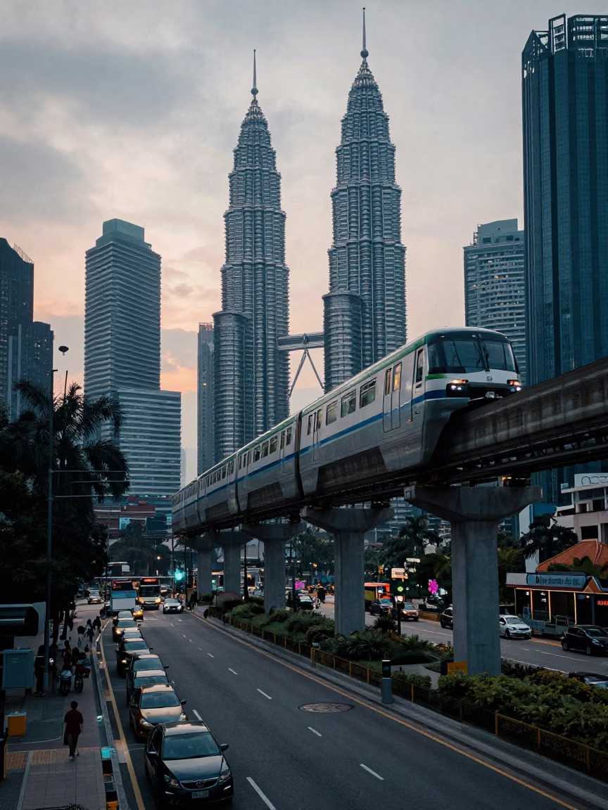 Kuala Lumpur Monorail Gliding Over City Street at Pre-Dawn Before Sunrise in in Kuala Lumpur, Malaysia
