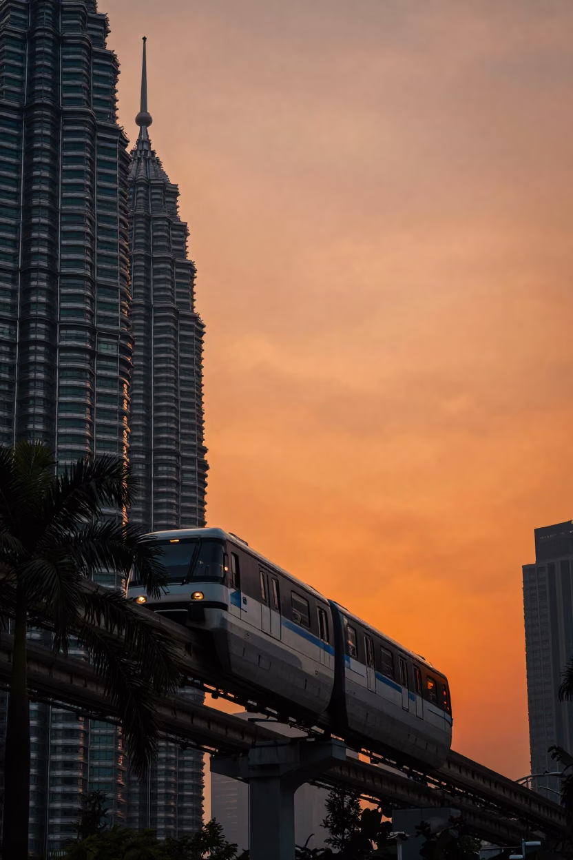 Kuala Lumpur Monorail Gliding Past Palm Trees and Glass Towers at Sunset in in Kuala Lumpur, Malaysia