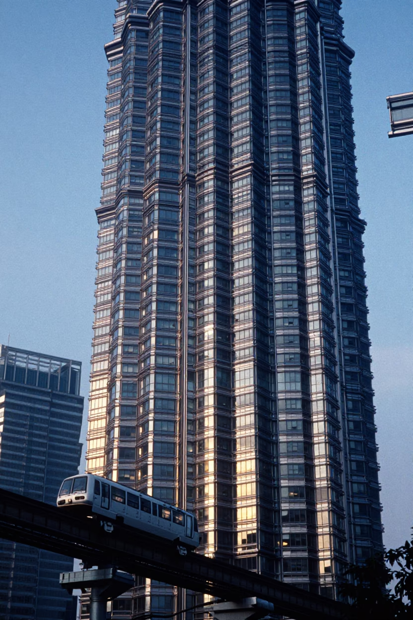 Kuala Lumpur Monorail Reflection in Glass Skyscraper Before Sunrise in in Kuala Lumpur, Malaysia