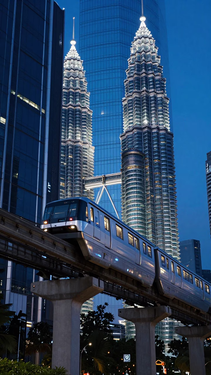 Kuala Lumpur Monorail Reflection in Glass Skyscraper During Blue Hour Twilight in in Kuala Lumpur, Malaysia