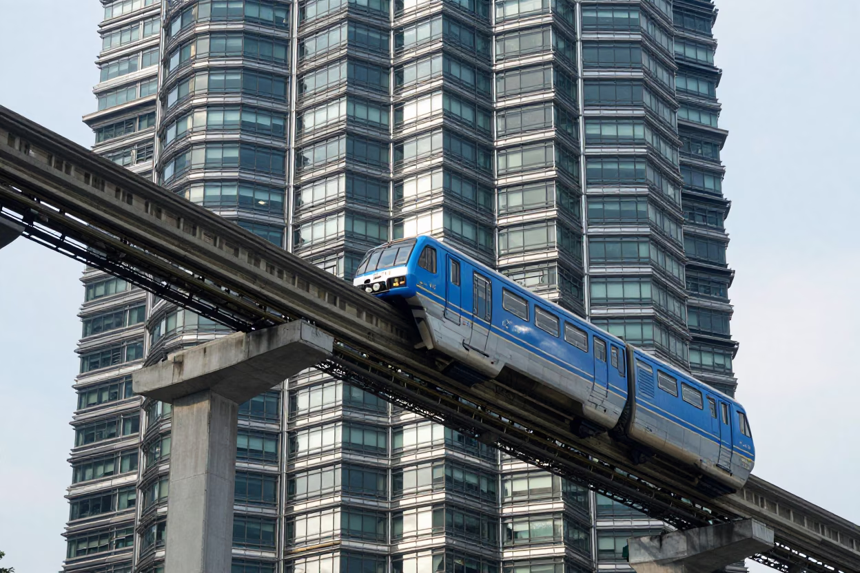 Kuala Lumpur Monorail Reflection in Glass Skyscraper Midmorning Light in in Kuala Lumpur, Malaysia