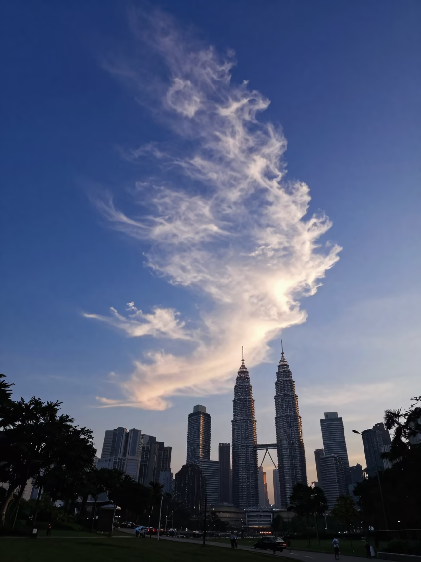 Kuala Lumpur Morning Glory Clouds Over KLCC Park at Nautical Dawn in in Kuala Lumpur, Malaysia