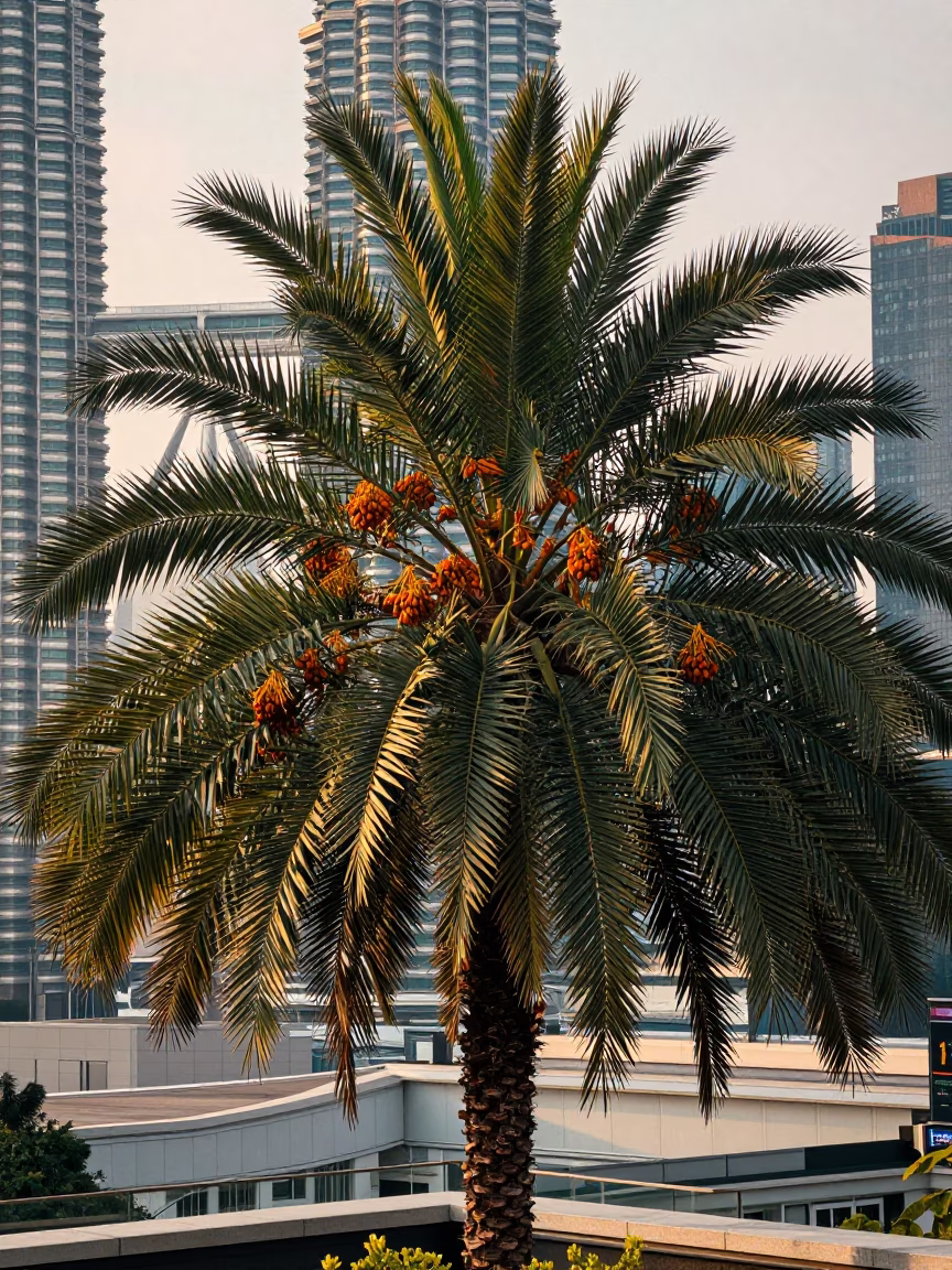 Kuala Lumpur Morning Light on Date Palm Clusters and Urban Rooftops in in Kuala Lumpur, Malaysia