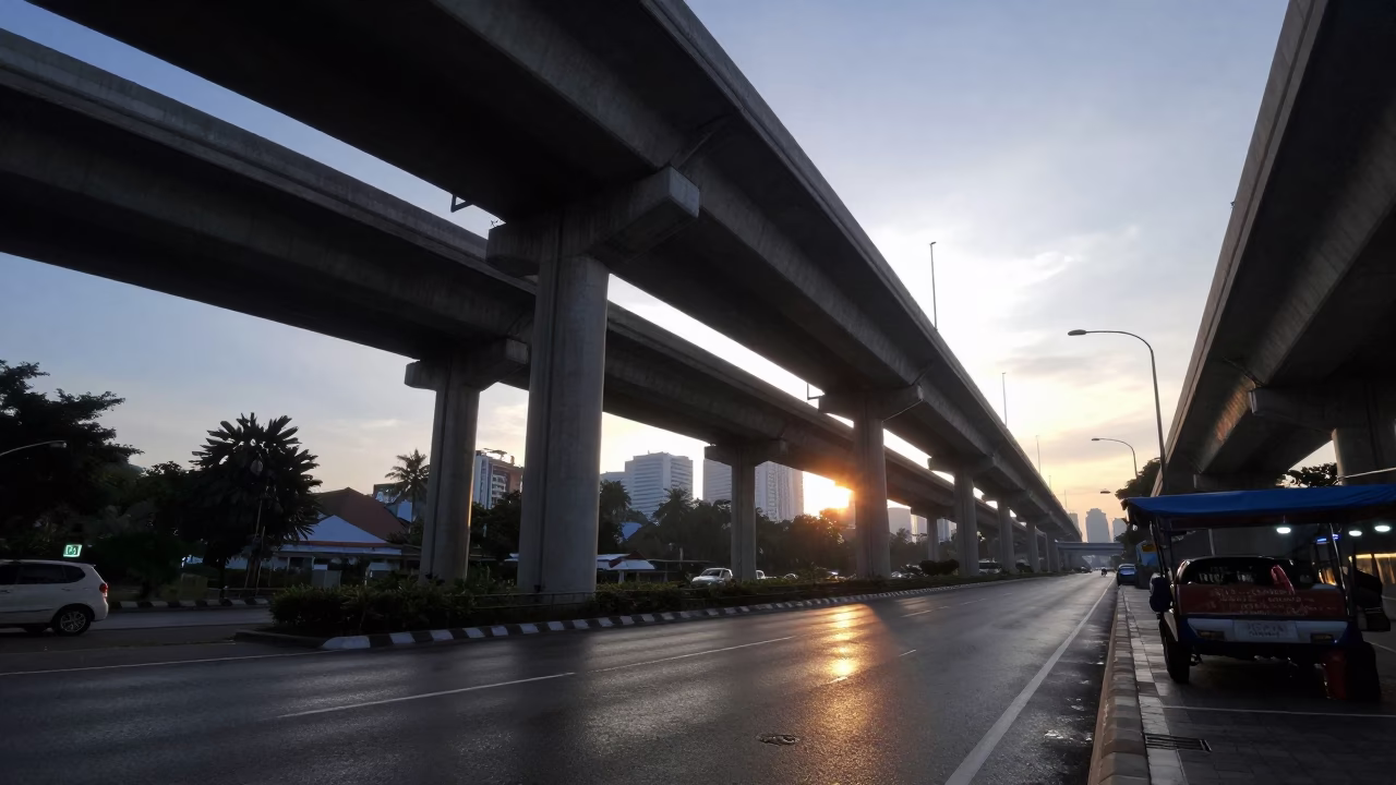 Kuala Lumpur Morning Light on Highway Flyover and Street Vendor Before Sunrise in in Kuala Lumpur, Malaysia