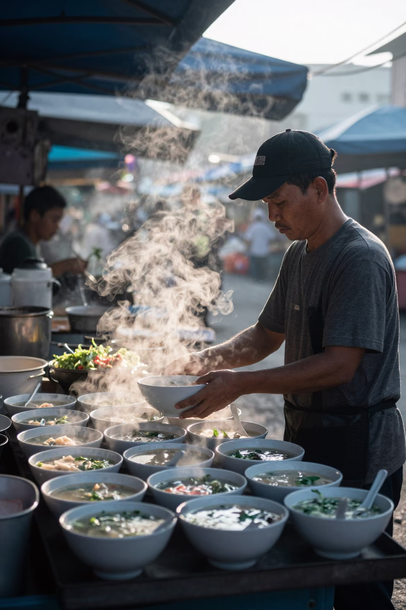 Kuala Lumpur Morning Market Stall with Soup Bowls Before Sunrise in in Kuala Lumpur, Malaysia