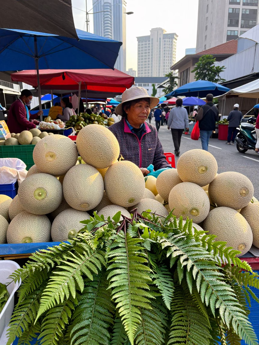Kuala Lumpur Morning Market Vendor Selling Fresh Melons and Ferns After Sunrise in in Kuala Lumpur, Malaysia