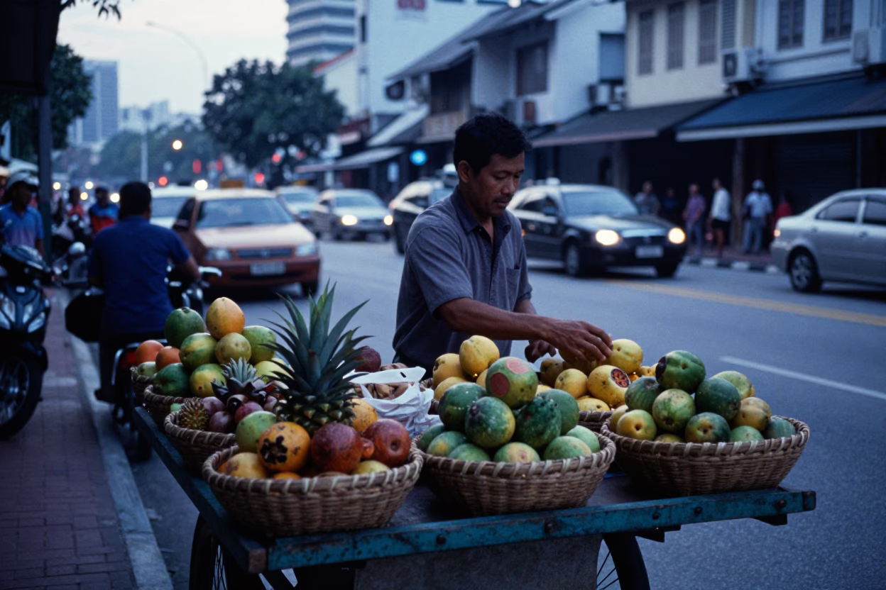Kuala Lumpur Morning Street Scene Before Sunrise with Woven Baskets and Local Market Activity in in Kuala Lumpur, Malaysia