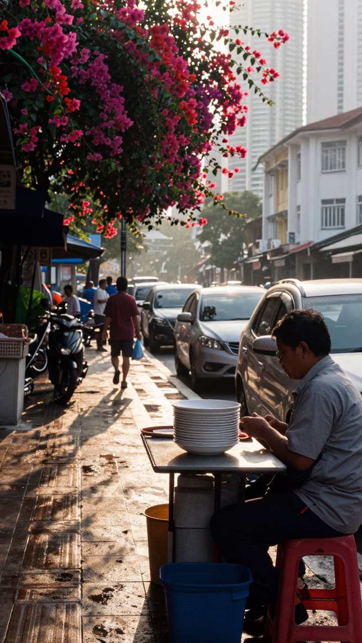 Kuala Lumpur Morning Street Scene with Bougainvillea and Local Vendor in in Kuala Lumpur, Malaysia