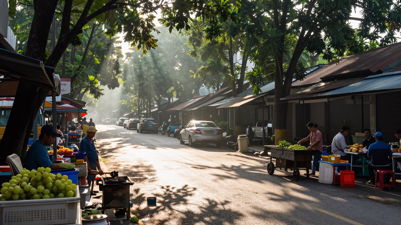 Kuala Lumpur Morning Street Scene with Grapes and Kebab Grill After Sunrise in in Kuala Lumpur, Malaysia