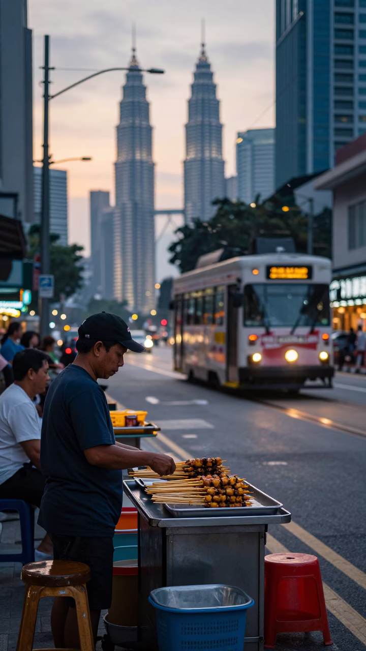 Kuala Lumpur Morning Street Scene with Sate Skewers and Tram Hill View Before Sunrise in in Kuala Lumpur, Malaysia