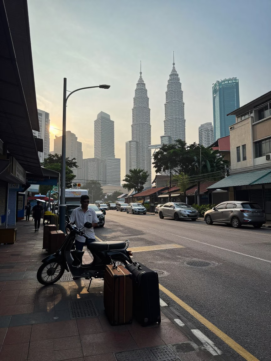 Kuala Lumpur Morning Street Scene with Suitcases and Catenary Wires at Sunrise in in Kuala Lumpur, Malaysia