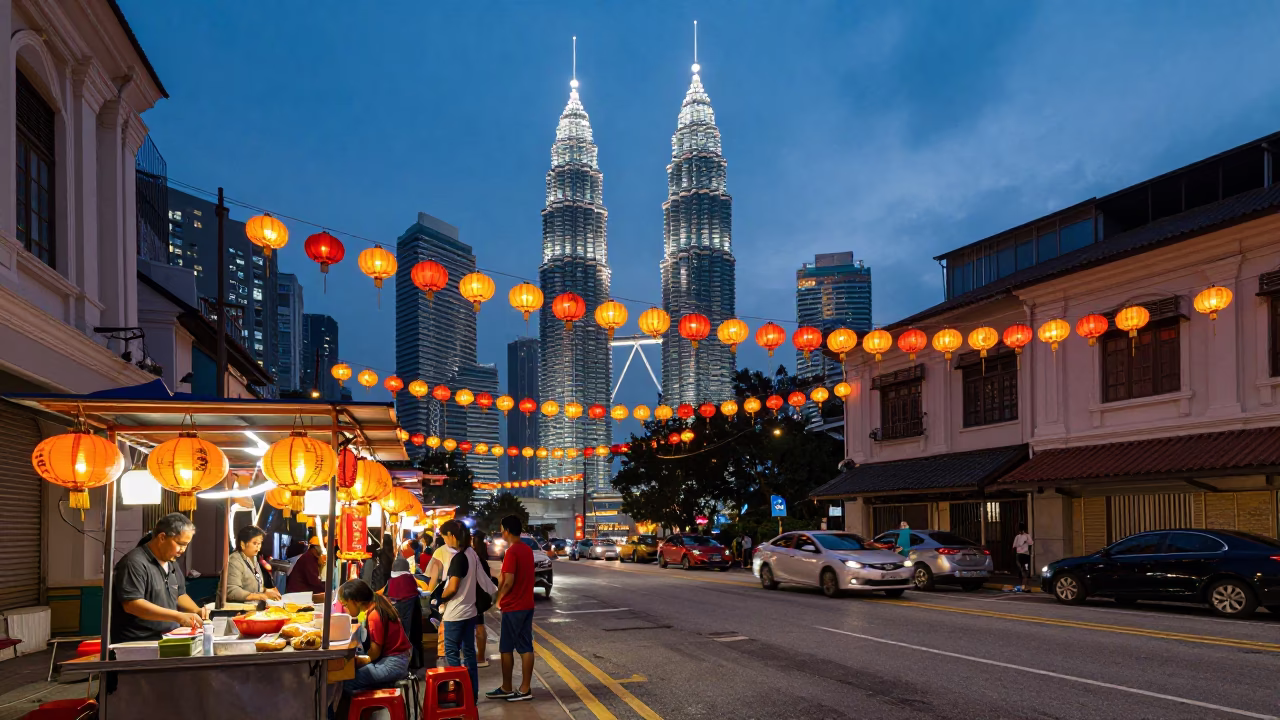 Kuala Lumpur Nautical Dawn Street Scene with Lantern Festival Lights and Urban Activity in in Kuala Lumpur, Malaysia