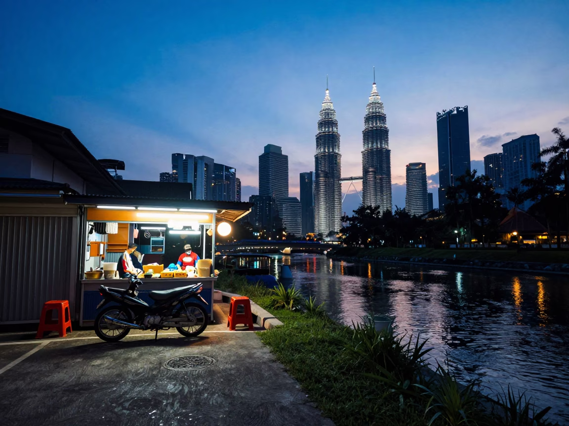 Kuala Lumpur Nautical Dawn Street Scene with Motorcycle and Canal Barge in in Kuala Lumpur, Malaysia
