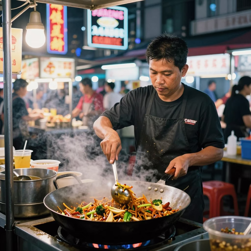 Kuala Lumpur Night Market Street Food Vendor Cooking Stir Fry with Neon Lights in in Kuala Lumpur, Malaysia