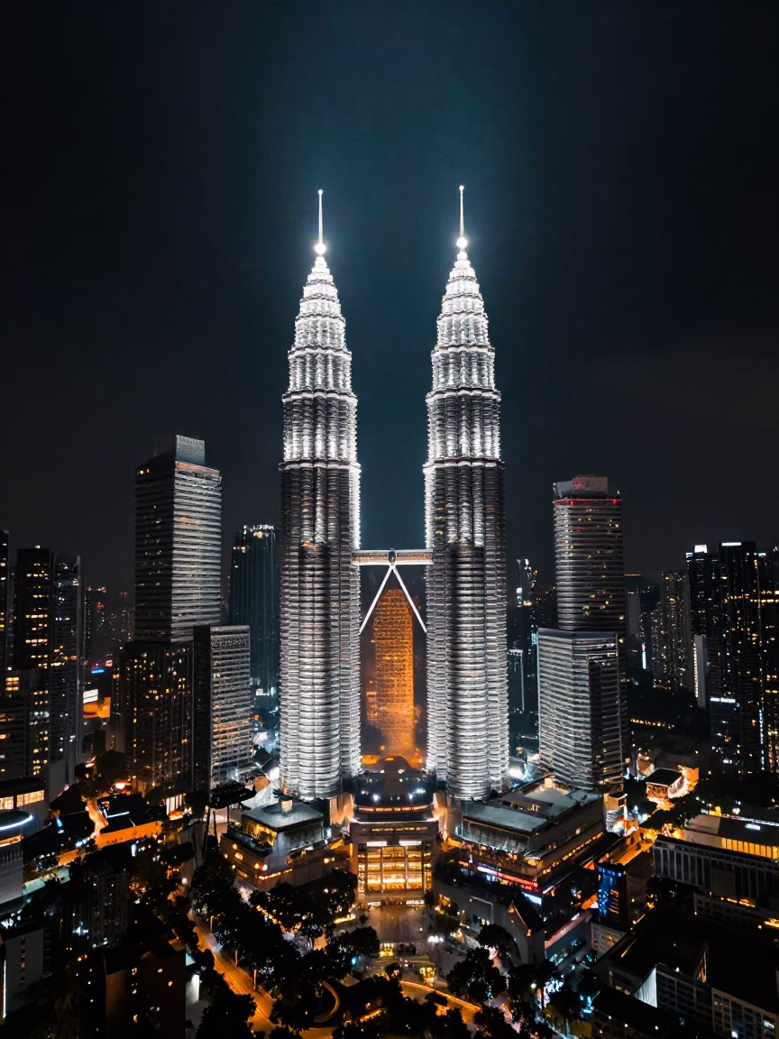 Kuala Lumpur Night Skyline Horizon Shot with Aerial Tramway and Urban Architecture in in Kuala Lumpur, Malaysia