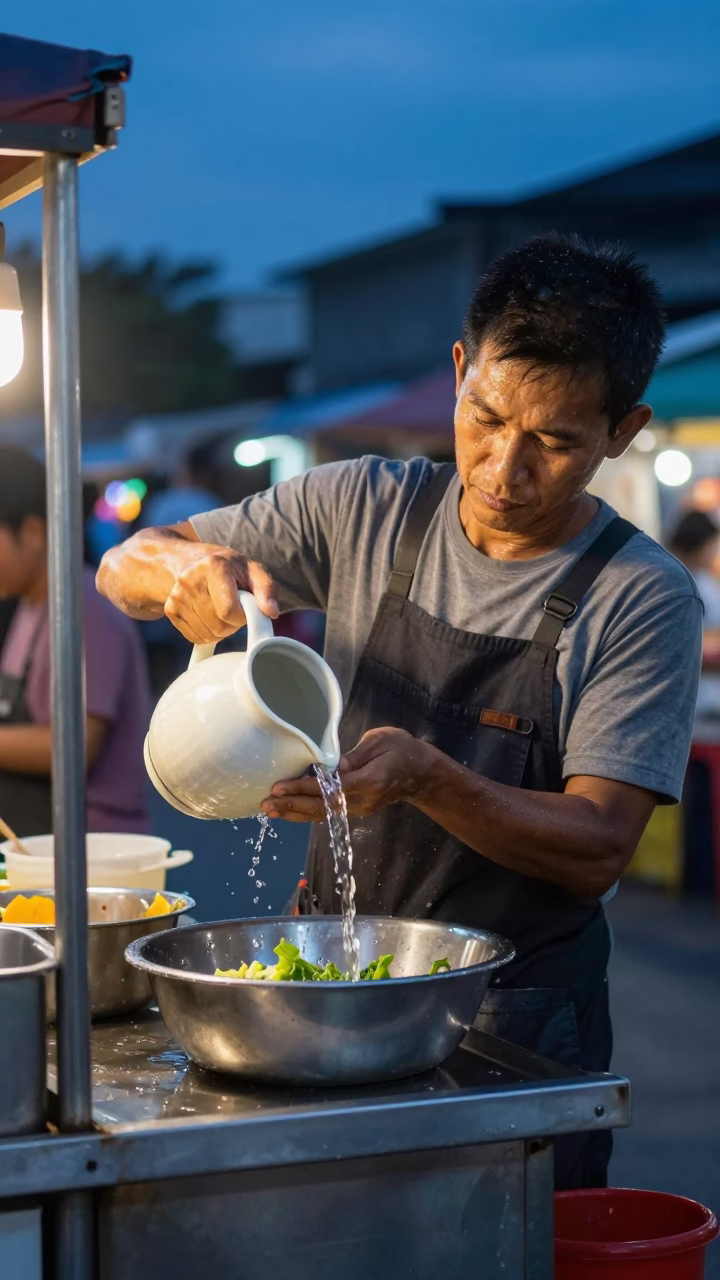 Kuala Lumpur Night Street Food Scene with Ceramic Pitcher and Wash Basin in in Kuala Lumpur, Malaysia