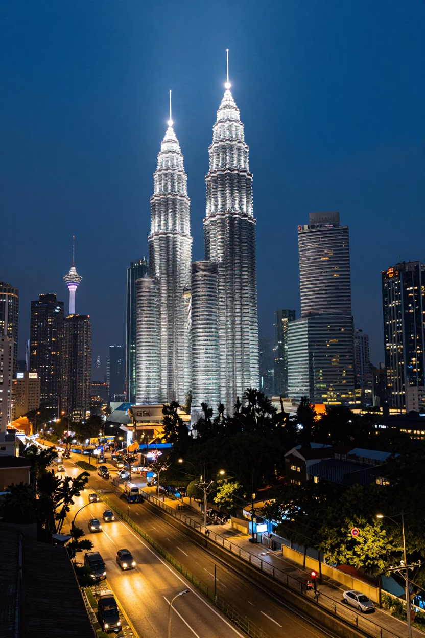 Kuala Lumpur Night Street Scene with Funicular Railway and City Lights Glow in in Kuala Lumpur, Malaysia