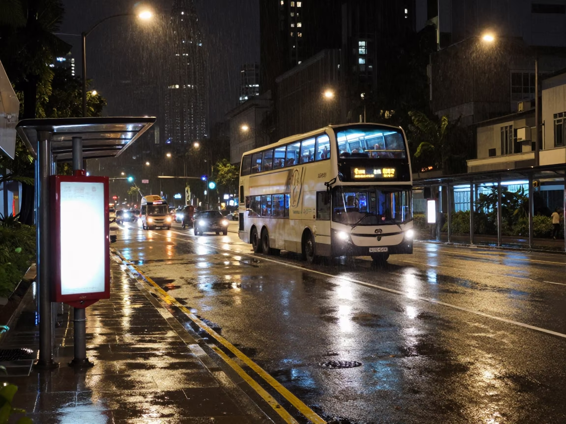 Kuala Lumpur Night Street Scene with Rainy Bus Stop and Double-Decker Bus in in Kuala Lumpur, Malaysia