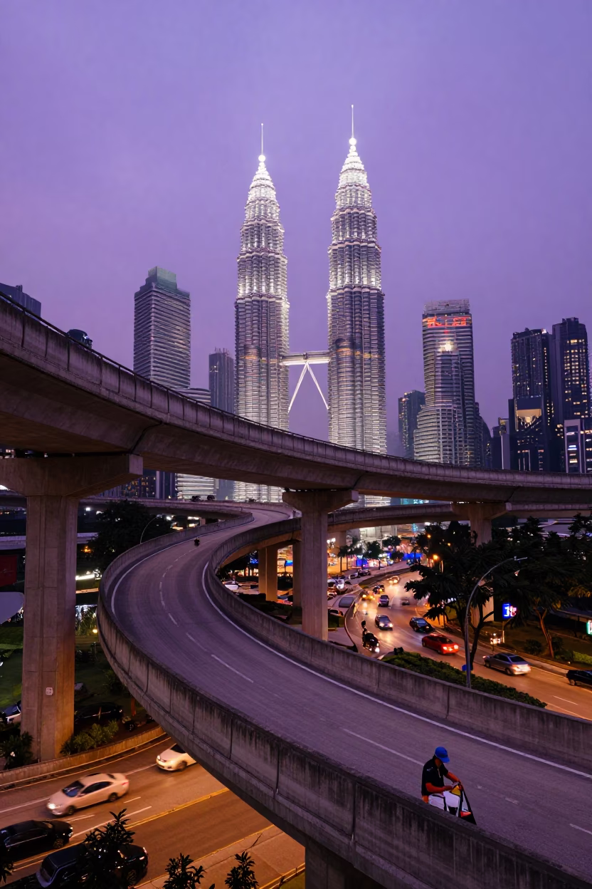 Kuala Lumpur Overpass Ramp Against Violet Sky at Dusk with Street Vendor in in Kuala Lumpur, Malaysia