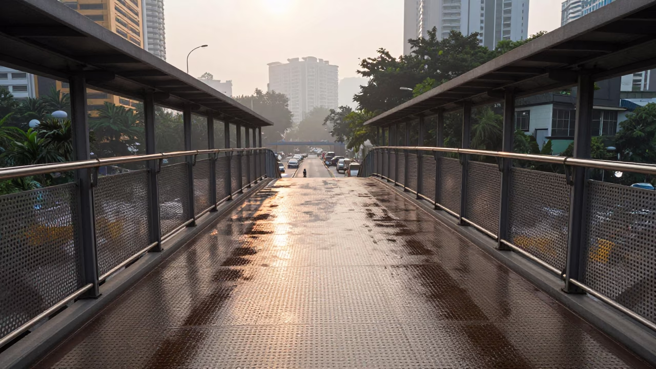 Kuala Lumpur Pedestrian Overpass at Nautical Dawn with Perforated Metal and Wet Footsteps in in Kuala Lumpur, Malaysia