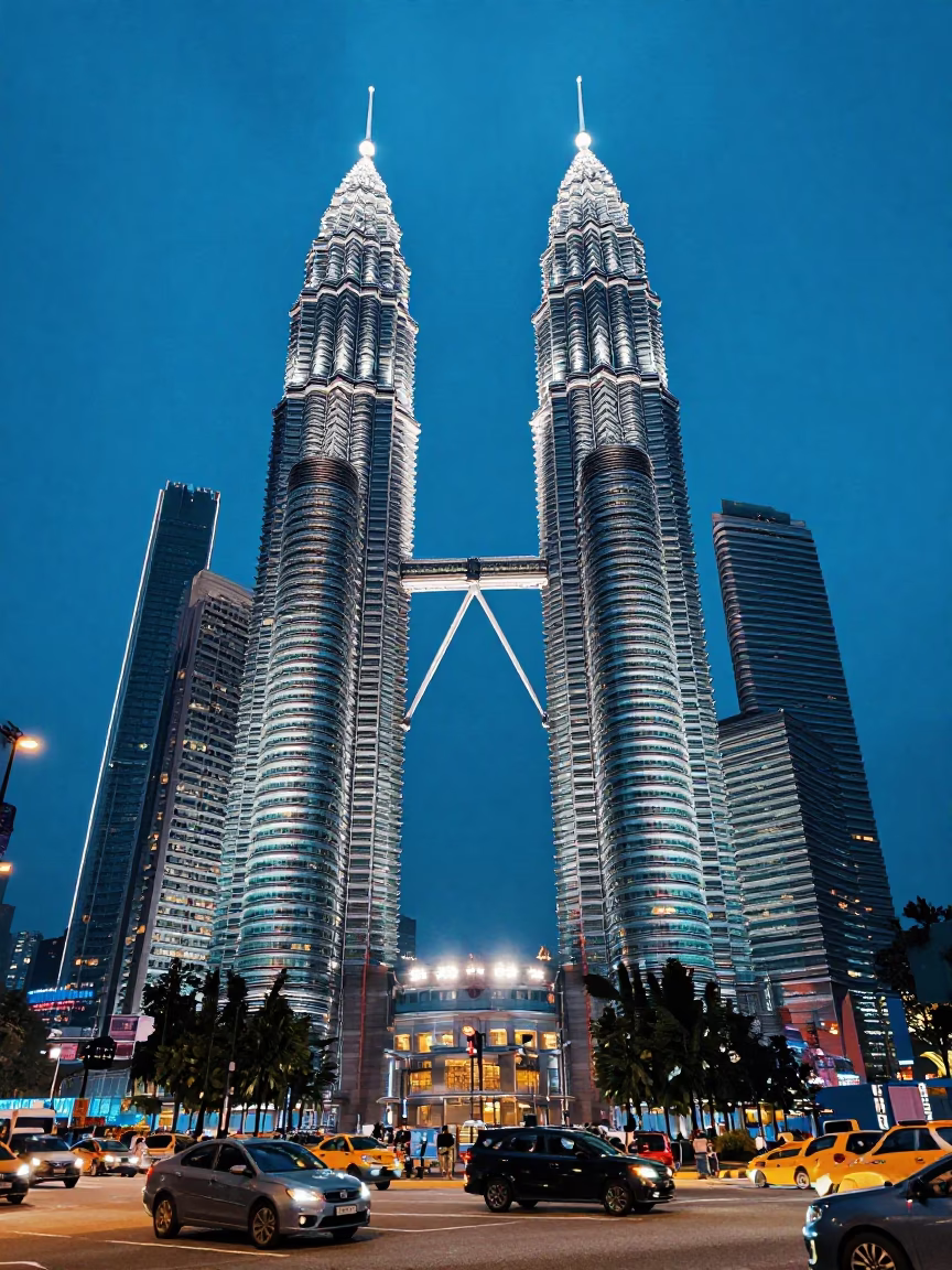 Kuala Lumpur Petronas Twin Towers Evening Blue Hour Street Life in in Kuala Lumpur, Malaysia