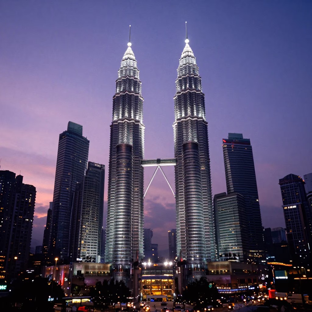 Kuala Lumpur Petronas Twin Towers Sunset Skyline with Traffic and Street Level Activity in in Kuala Lumpur, Malaysia