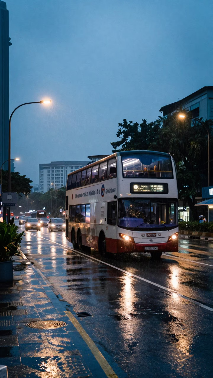 Kuala Lumpur Pre-Dawn Street Scene with Double-Decker Bus and Rainy Bus Stop in in Kuala Lumpur, Malaysia
