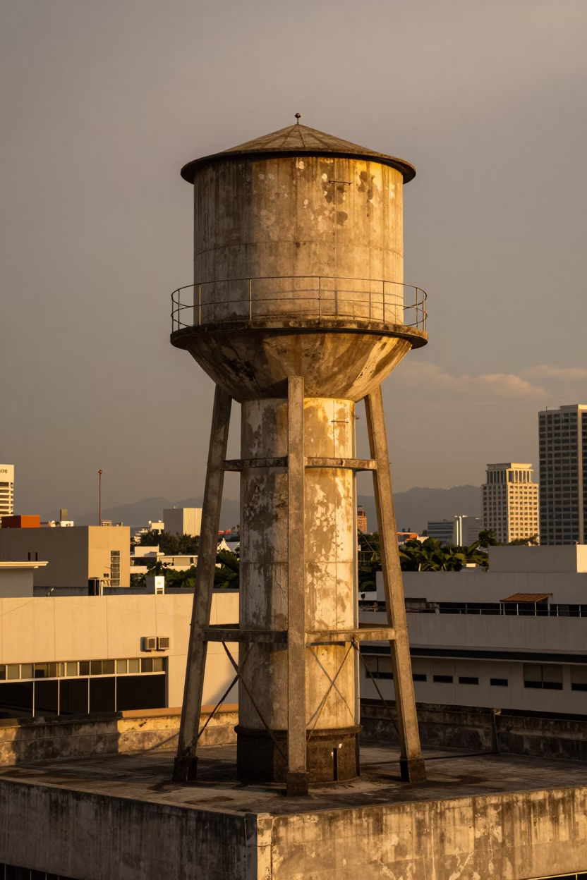 Kuala Lumpur Rooftop Water Tower in Honeyed Evening Light in in Kuala Lumpur, Malaysia