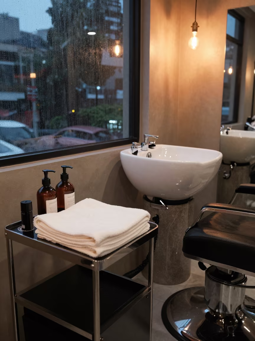 Kuala Lumpur Shampoo Lounge with Towels and Serums in at a barber station beneath mirror bulbs in Kuala Lumpur