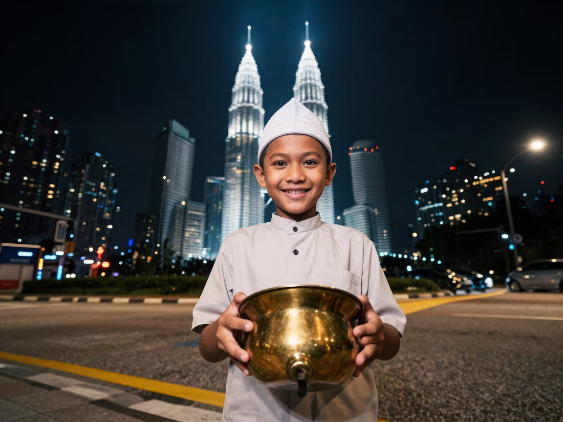 Kuala Lumpur Smiling Boy at The Deepest Night Sky Light in in Kuala Lumpur, Malaysia