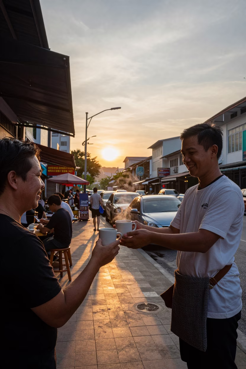 Kuala Lumpur Street Cafe Dusk Ceramic Mugs and Local Interaction in in Kuala Lumpur, Malaysia