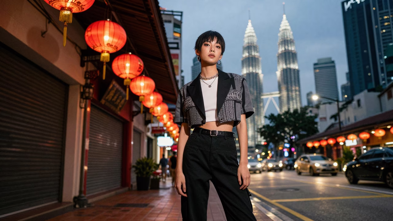 Kuala Lumpur Street Fashion Portrait with Lantern at Dusk in in Kuala Lumpur, Malaysia