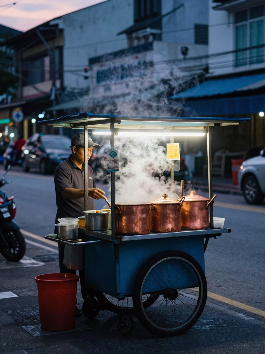 Kuala Lumpur Street Food Stall at Dawn with Copper Pots and Morning Mist in in Kuala Lumpur, Malaysia
