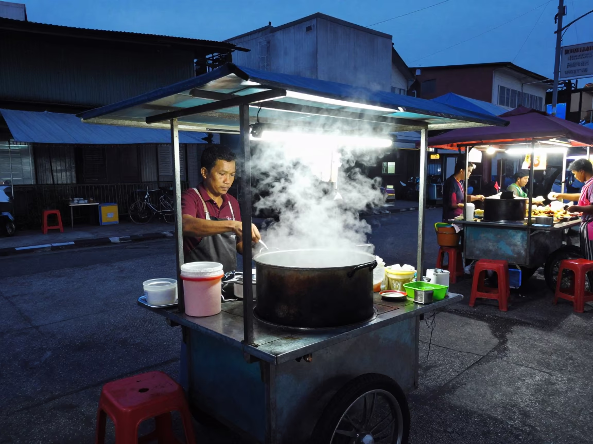 Kuala Lumpur street food stall at dusk with cooking pot and nectarines on table in in Kuala Lumpur, Malaysia